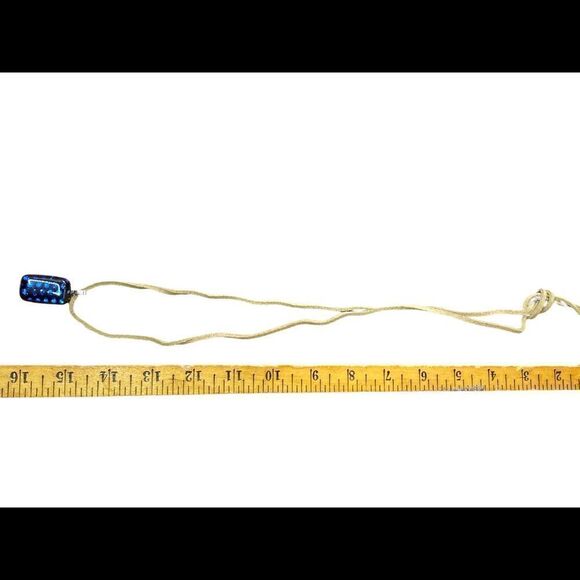 Black with blue check silver bale dichroic pendant on tan suede cord - Picture 3 of 8